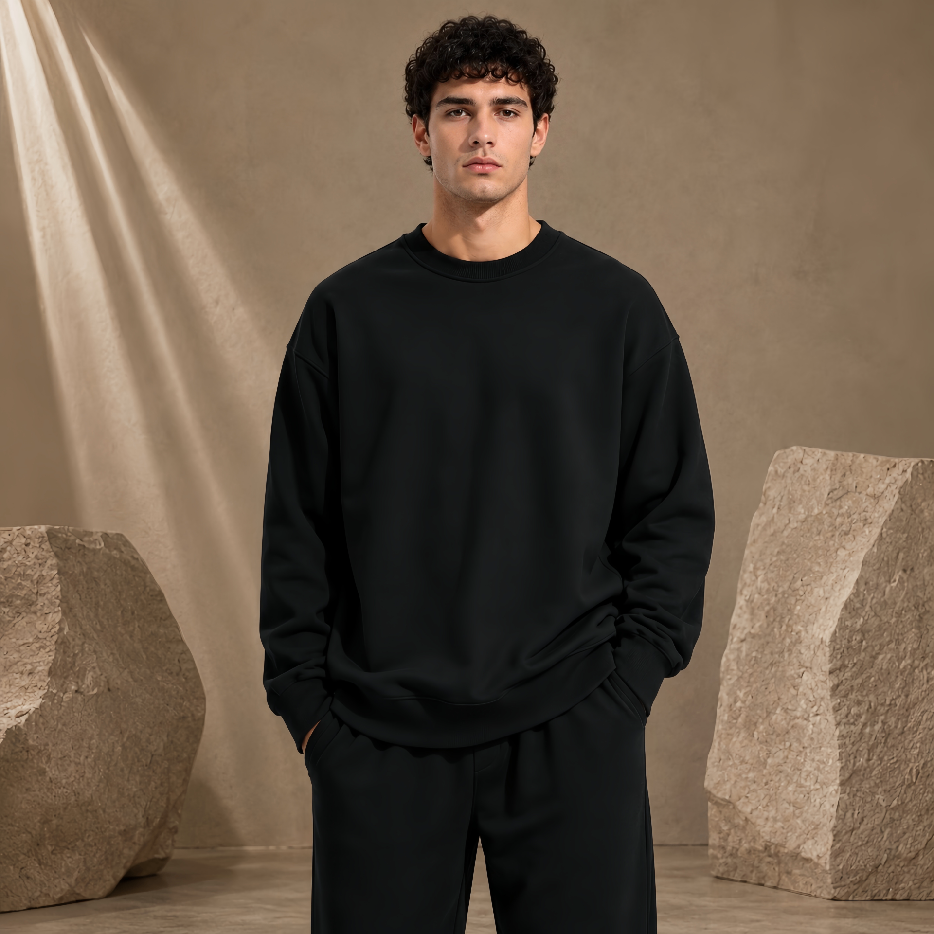 Model wearing KADE's black heavyweight crew and sweats set